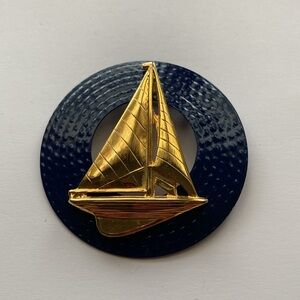 Gold and Blue Sailboat Brooch lapel scarf pin nautical navy blue 1980’s nice